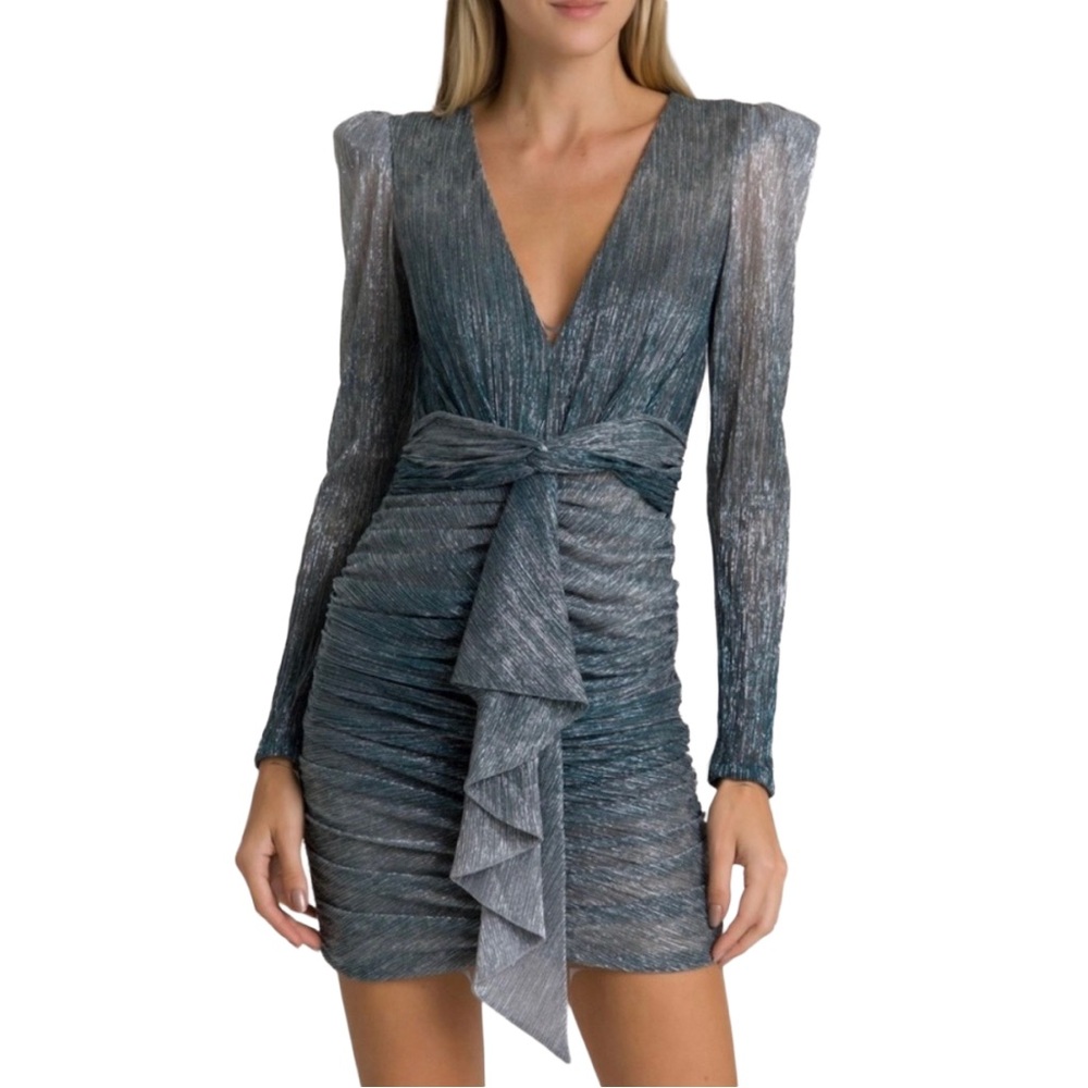 PatBO Metallic Lurex Ruched Mini Dress Blue Silver – Size 4 – Party Night Luxe